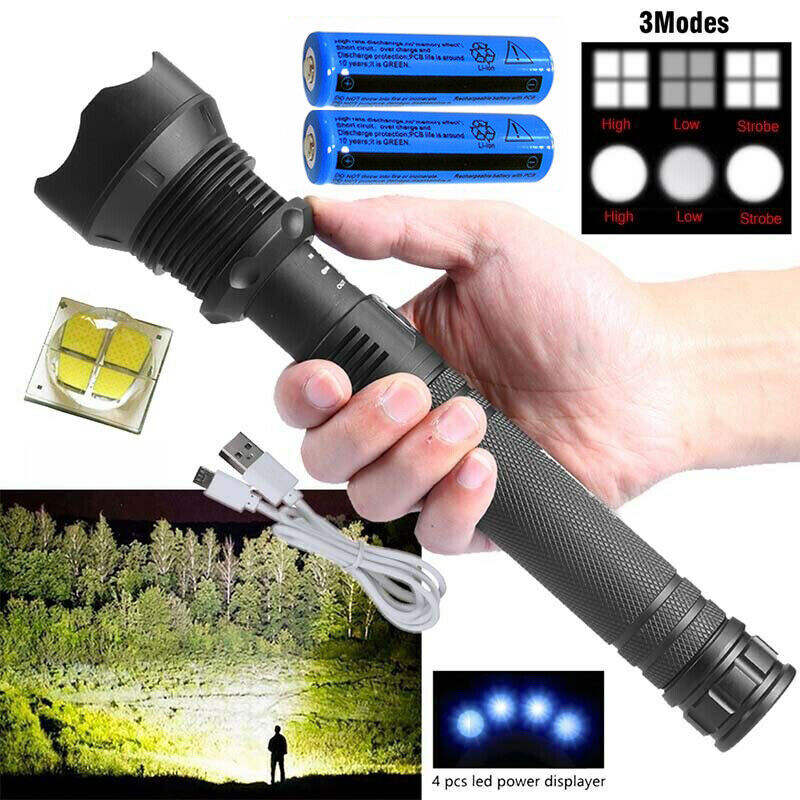 9900000LM Ultra Bright LED Tactical Flashlight 3-Modes Zoom Torch USB Charging