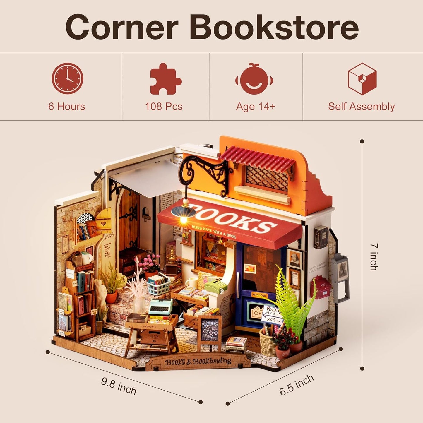 ROBOTIME DIY Miniature House Kit Corner Bookstore, Wooden Dollhouse Model Building Kit With LED For Adults And Children, Birthday Gift DG164