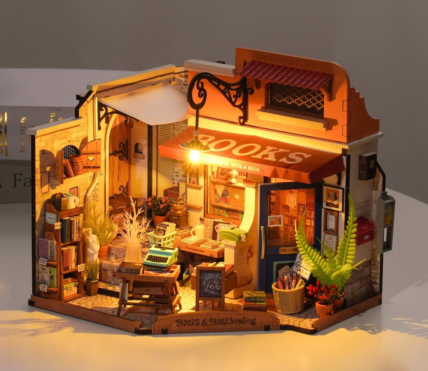 ROBOTIME DIY Miniature House Kit Corner Bookstore, Wooden Dollhouse Model Building Kit With LED For Adults And Children, Birthday Gift DG164