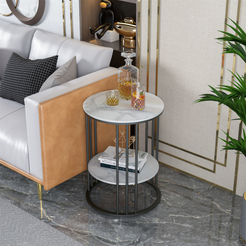 Round Marble Accent Table End 2 Tiers Storage Table - Black_0