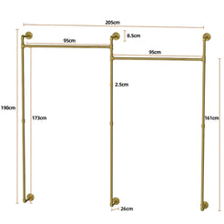 Industrial Pipe Clothing Rack Wall Mounted with Hanging Rods - Gold_8