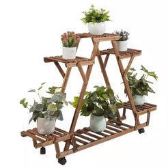 Triangular Plant Shelf 6 Potted Wood Plant Holder Stand Display Storage Rack with Wheels_0