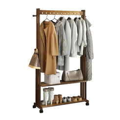 Bamboo Clothes Rack Stand with Wheels_0