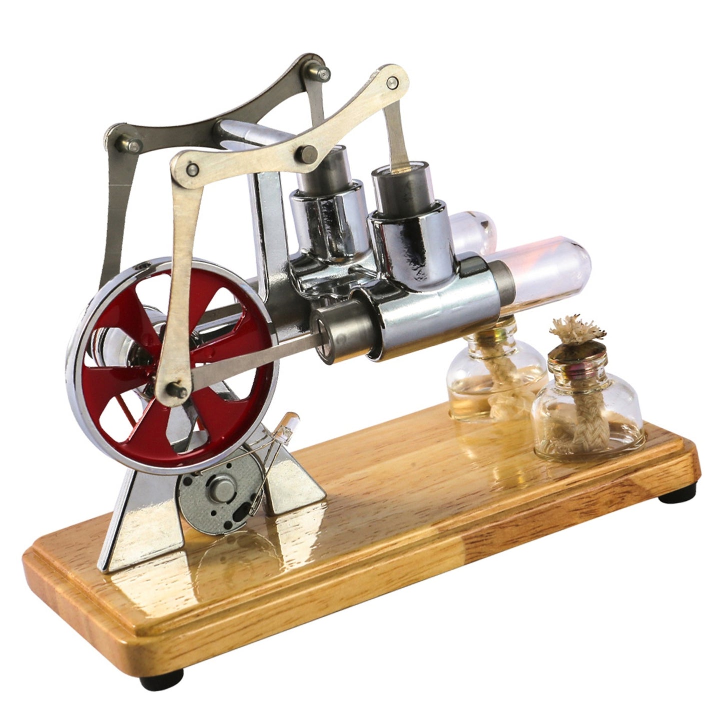 Stirling Engine Kit Hot Air Motor Model Physical Dual Engine Generator Model with LED Light Flywheel Design Science Experiment Wooden Base DIY Education Toy for Teacher Adults Kids School Office