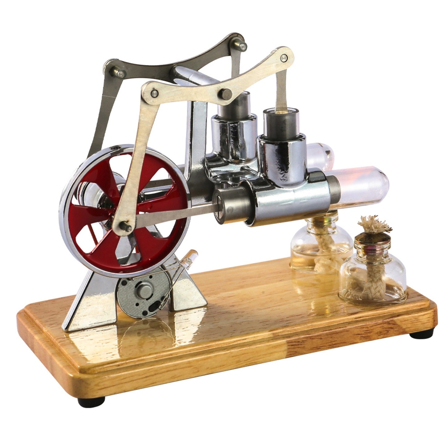 Stirling Engine Kit Hot Air Motor Model Physical Dual Engine Generator Model with LED Light Flywheel Design Science Experiment Wooden Base DIY Education Toy for Teacher Adults Kids School Office