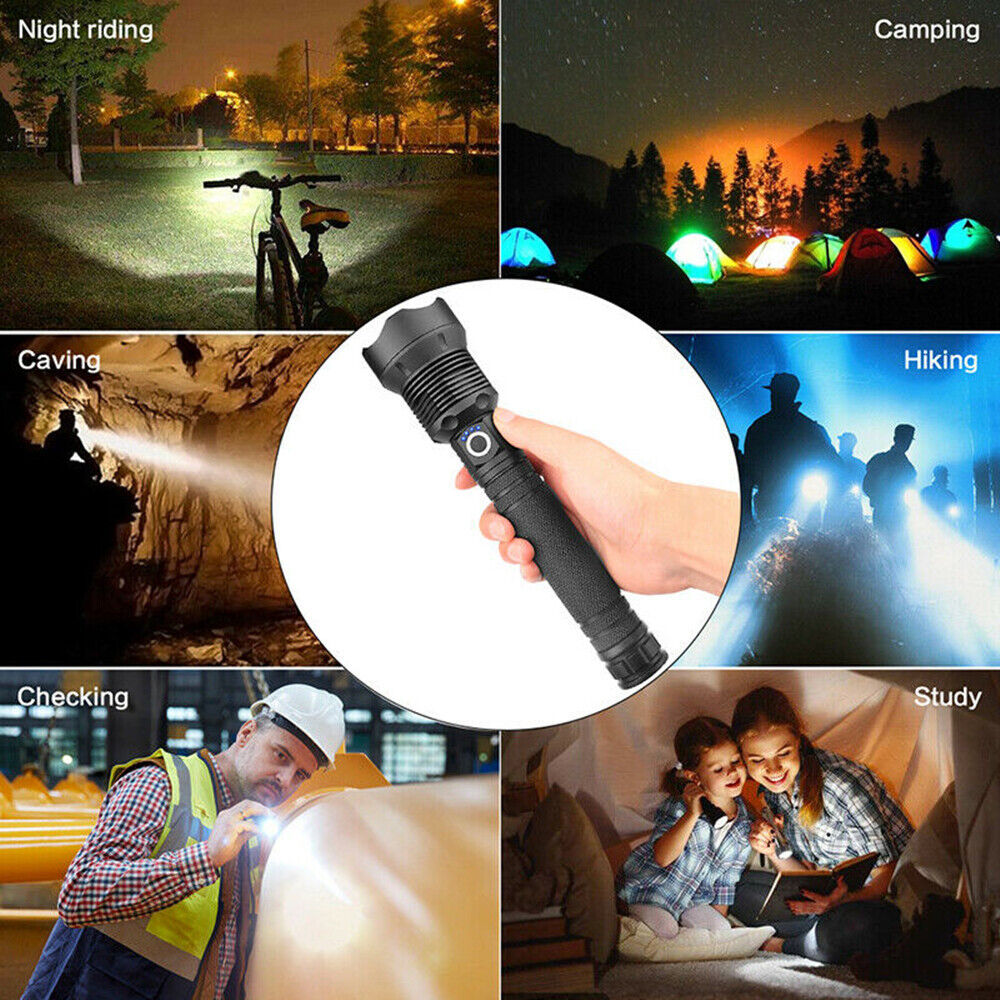 9900000LM Ultra Bright LED Tactical Flashlight 3-Modes Zoom Torch USB Charging