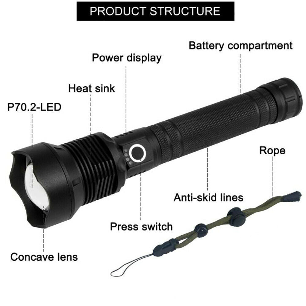 9900000LM Ultra Bright LED Tactical Flashlight 3-Modes Zoom Torch USB Charging